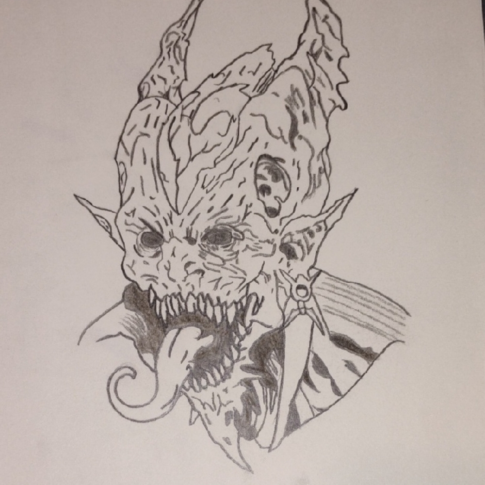 Intricate Black and Gray Demon Sketch Art